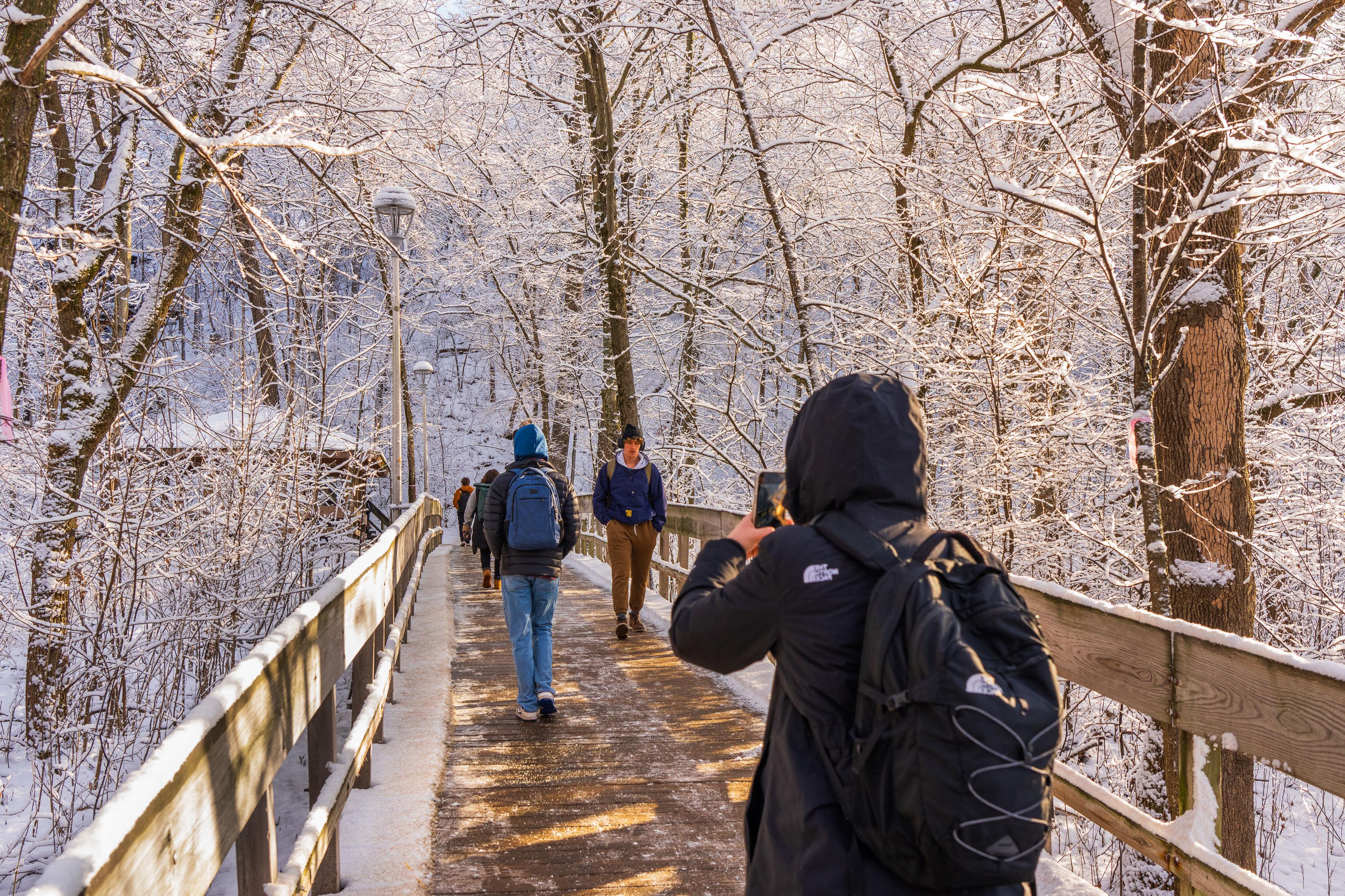 Frosted and snowy path leading to stairs in the winter season.